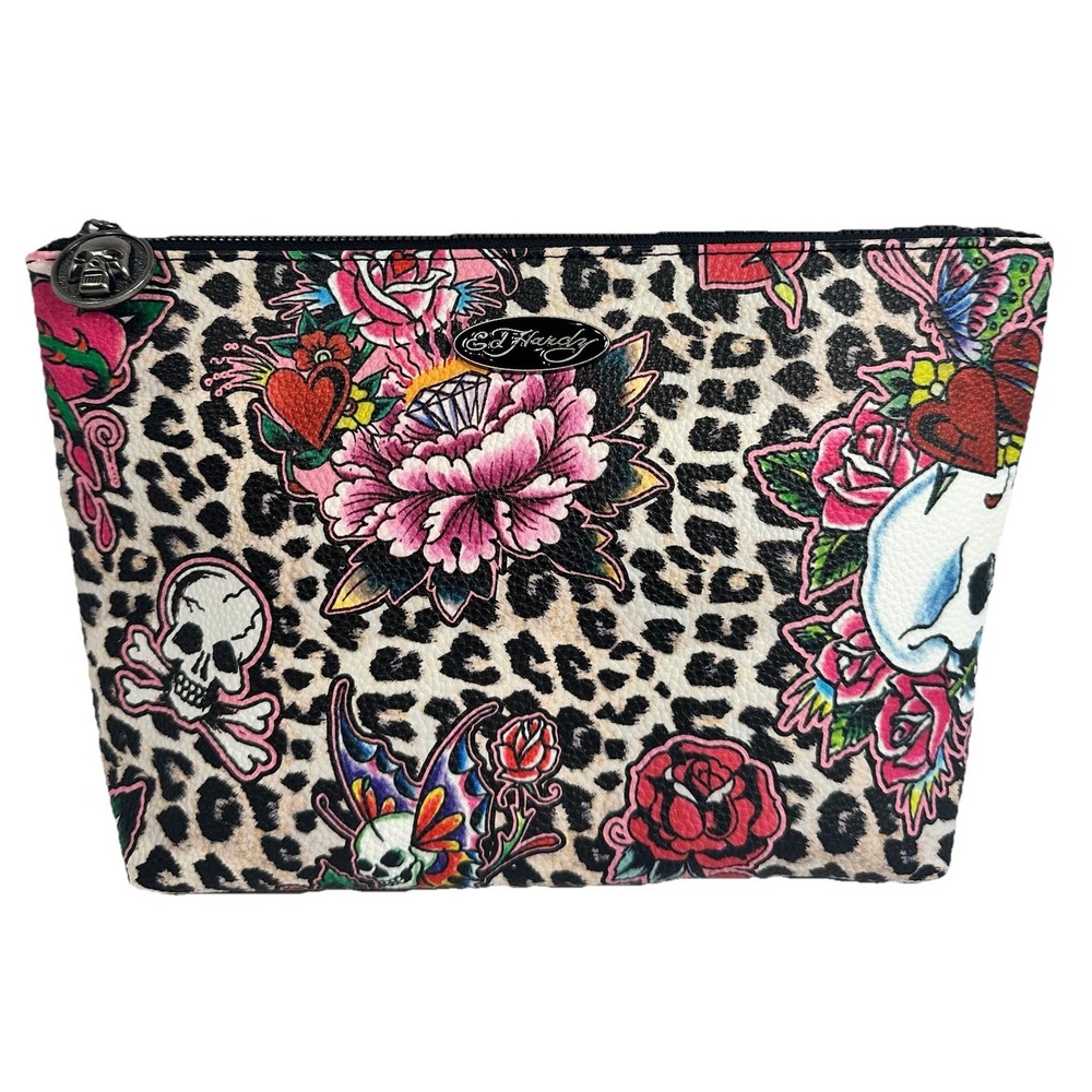 Ed Hardy Cosmetic Bag Women Leopard Skull Rose Vegan Leather Makeup Case NWT
